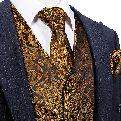 Barry Wang Mens Waistcoat Silk Paisley Floral Solid Vest Tie Set Wedding Casual • $21.61