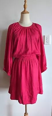 Witchery Elastic Waist Hot Pink Linen Dress Size 16 Like New • $25