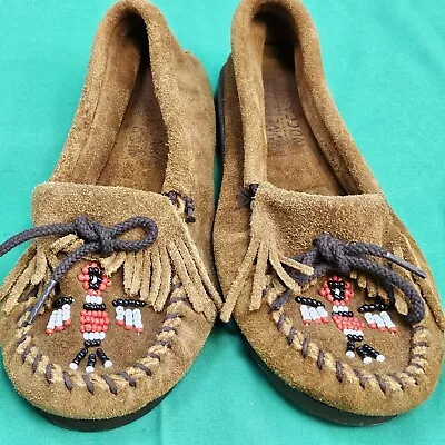 Minnetonka Moccasins Kiltie Slipperd Womens Size 7 Brown Suede Beaded  • $18.94