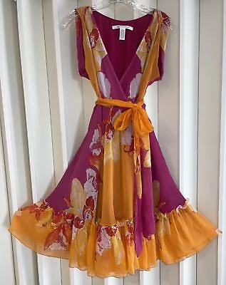 Diane Von Furstenberg Orange/Fuchsia Silk Chiffon Wrap Dress~4~Lined~See Desc • $69.97