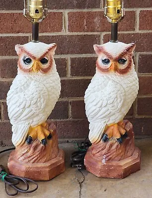 Vintage Owl Lamps Chalkware Ceramic Set Of 2 Wisdom Rustic 3D Wildlife NO SHADES • $129.99