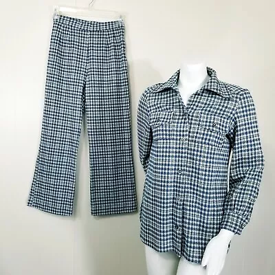 Pants Suit Jacket Blazer M 8 10 Blue Vtg 70s  Plaid Set Handmade Shacket Shirt • $18.99