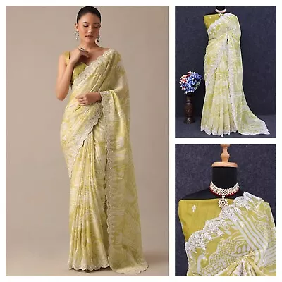 Women Georgette Saree Designer Green Printed Embroidery Sequins Sari Indian Wear • $76.99