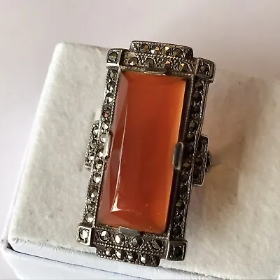 $65 • Buy Vintage Art Deco Sterling Silver Carnelian And Marcasite Ring Size 4.5