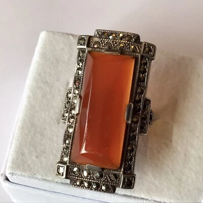 $65 • Buy Vintage Art Deco Sterling Silver Carnelian And Marcasite Ring Size 4.5