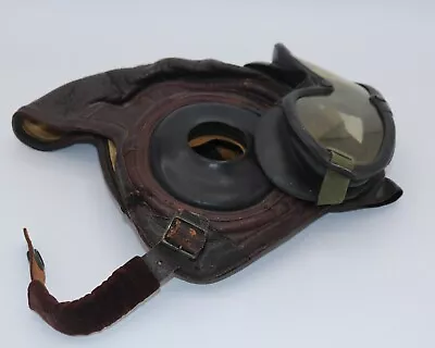 Vintage XL Brown Leather Aviator Bomber Pilot Cap Hat With Polaroid Goggles WWII • $70