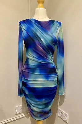 Michelle Keegan Tie Dye Blue Purple Green Ruched Bodycon Mini Dress Size 6 New • £14.99
