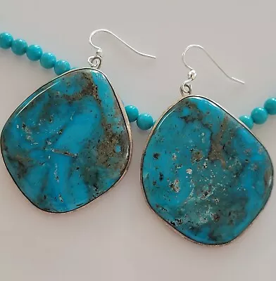 Vintage Old STOCK Navajo HUGE SLAB STERLING & Turquoise Drop Dangle Earrings • $54