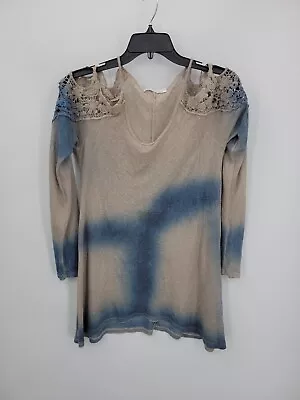 T Party Top Womens Small Blue Brown Tie Die Cold Shoulder Crochet Trim Boho • $25.50