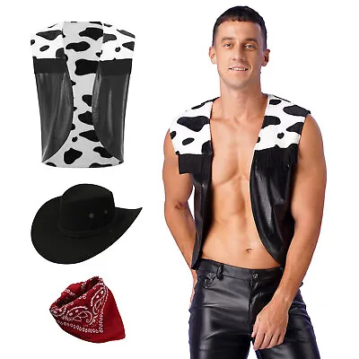 Mens Cowboy Roleplay Waistcoat Festival Vest Short Hat Cowgirl Costume Wild • $29.89