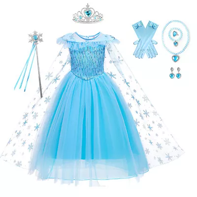 Girls Snow Queen Princess Elsa Costume Kids Blue Dress Christmas Birthday Gift • $25.99