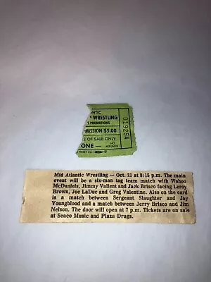 Original 1980's NWA Mid-Atlantic Wrestling Ticket Stub W/ Newspaper Clipping WWE • $29.99