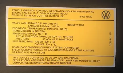 NOS 1980 Volkswagen Rabbit Dasher Vehicle Emission Control Information Decal VW • $14.99