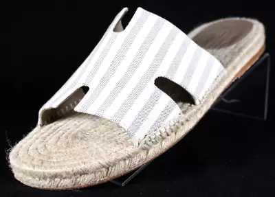 HERMES White & Blue Striped Canvas Natural Rope Men's ANTIGUA Slides Sandals 46 • $498