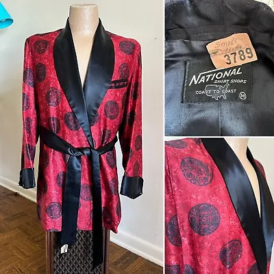 1950s Vtg NATIONAL SHIRT SHOPS Shawl Collar Satin Robe Smoking Jacket Belted 50s • $125