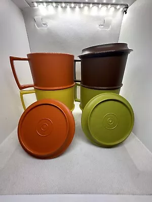 Set Of 4 Vintage TUPPERWARE Stackable Mugs Cups Harvest Colors No Yellow Lid. • $15