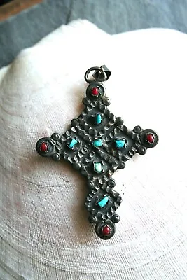 Vintage Sterling Silver Cross Pendant Turquoise Coral Mexico Matl Poulat Style • $145