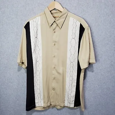 The Havanera Co. Shirt Beige Black Stripe Cuban Short Sleeve Button Up Sz Large • $11.98