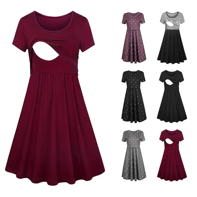 £3.59 • Buy Pregnant Women Maternity Polka Dot Dress Nursing Casual Breastfeeding Nightdress
