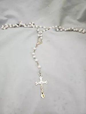 Vintage Rosary Necklace Beads Cross Mary White Beads  17  Long  • $43.47