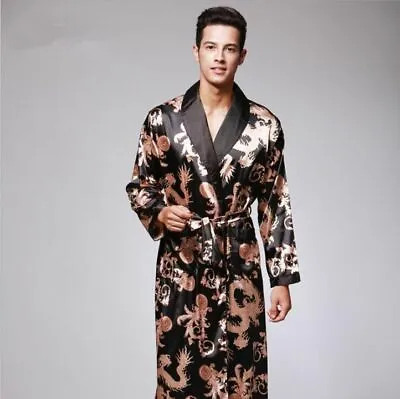 Mens Chinese Japanese Oriental Gold Dragons Black Bathrobe Dressing Gown Mrobe5 • $27.77