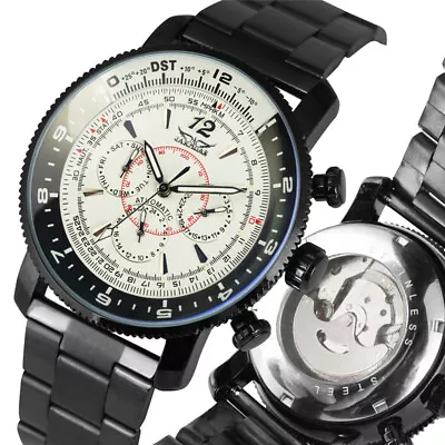 JARAGAR Men's Automatic Mechanical Watches Black Stainless Steel Band Wristwatch • £31.19