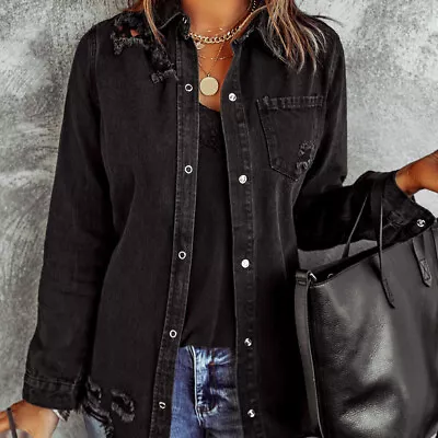 Loose Long Sleeve Button Design Women Denim Jacket Boyfriend Distresse Casual • $38.76