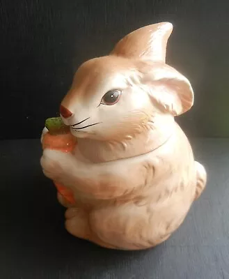 10 1/2 H VTG LARGE COOKIE JAR SITTING RABBIT HOLDING CARROT By THE COOK'S BAZAAR • $33.95