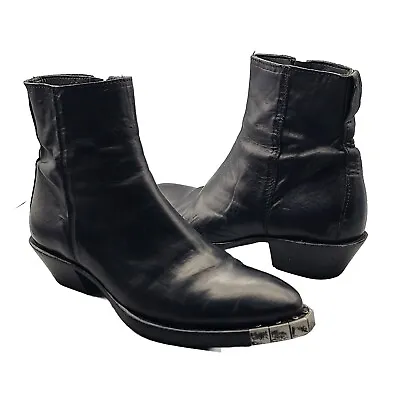 MOMA Women's Ankle Boots Stella Preto Leather Black Zipper Metal Toe 7.5 37.5 • $159