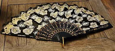 Lovely Hand Painted Silk Hand Fan Floral On Black With Gold Accents • $15.99