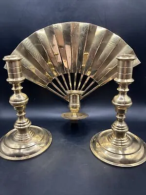 Pair Of Vintage Brass Candle Stick Holders With Matching Hand Fan Wall Sconce • $35