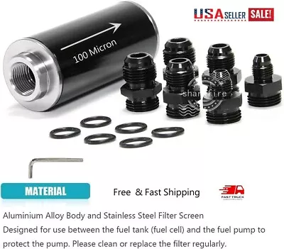 Inline 100 Micron Fuel Filter 6AN 8AN 10AN Adapter Cleanable + Mount Bracke US • $30.01