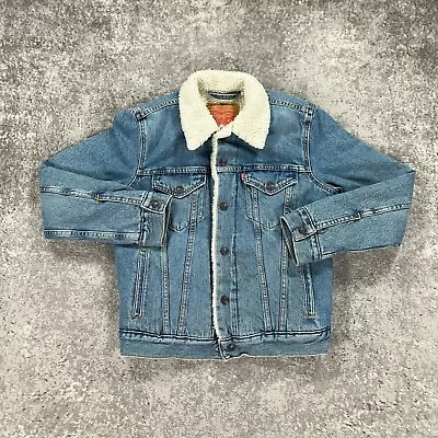 Levis Trucker Jacket Mens Extra Small XS Blue Denim Sherpa Lined Logo Streetwear • $27.98