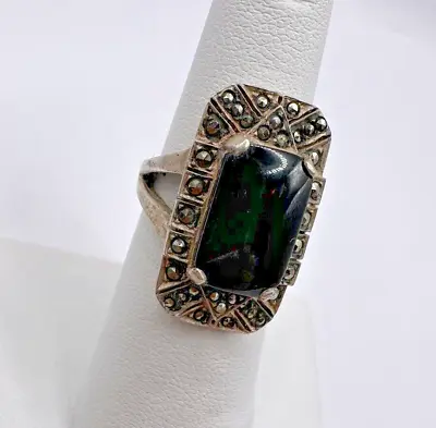 Vintage 1970s Sterling Silver Onyx Marcasite Art Deco Style Ring Sz 6 Mourning • $80