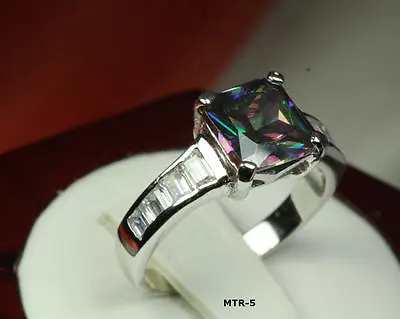 WOMENS PRINCESS CUT RING STERLING SILVER 925 CZ RAINBOW MYSTIC TOPAZ Sz 7+8+10 • $19.96