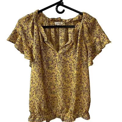 Max Studio Womens S Gold Floral Boho Flutter V Neck Sleeve Top • $13.19