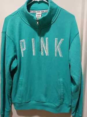 $15.99 • Buy Victoria Secret PINK Quarter Zip Sweatshirt M Jacket Pullover Blue Logo Women's