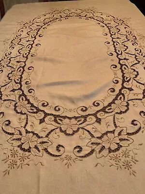 Vintage Madiera  Pure Linen Embroidered Cutwork  Tablecloth 83” X 68”  #12 • $50