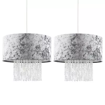 2x Ceiling Light Shades Velvet Drum Lampshades Jewel Droplet Pendant LED Bulbs • £31.49