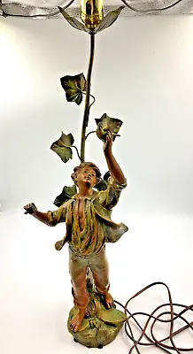 Antique French Bronzed Spelter Figural Lamp Man Holding Bird Patinated 23  Tall • $225