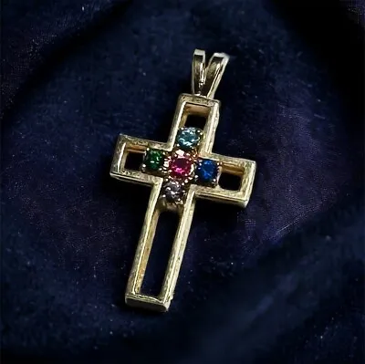 Vintage 10k Yellow Gold Multi Gemstone Cross Necklace Pendant 2.6 Grams • $114.99