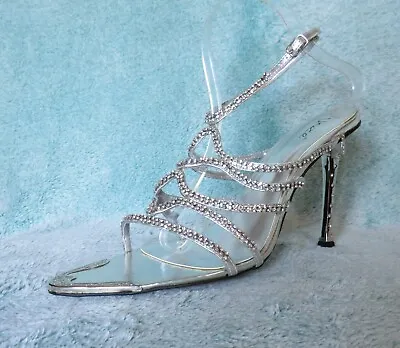 LADIES UNZE By Shalimar CRYSTAL SILVER STRAPPY Shoes HIGH HEELS Size 8 New • £45