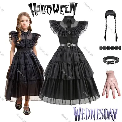 Kids Girls Wednesday The Addams Family Costume Halloween Dress Birthday Party XL • £14.99