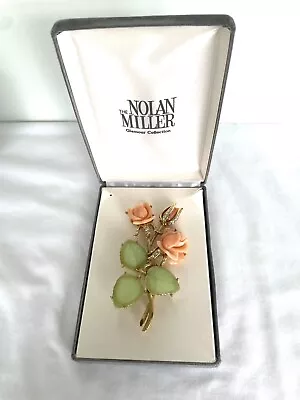 Vintage Nolan Miller Ann Margret Faux Coral Jade & Rose Gold Tone Brooch In Box • $59.95