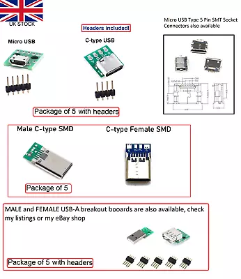 5PCS Female/Male Micro USB Or USB C-type To DIP 2.54mm PCB Breakout Boards/conne • £3.45