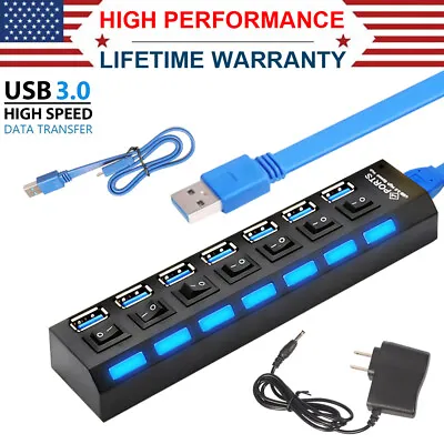 7 Port USB 3.0 Hub On/Off Switch High Speed Splitter AC Adapter Cable PC Laptop • $11.69