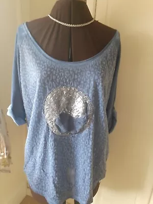 Blue Top With Sequinned Yin And Yang From Tesini - Size 16 • £10