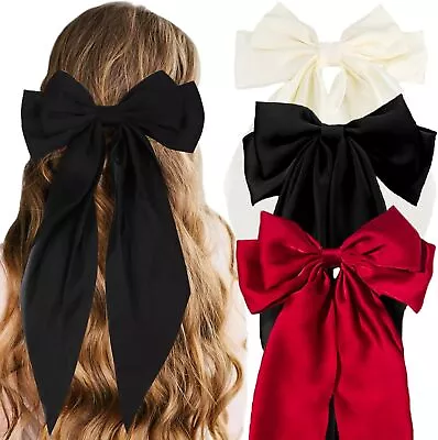 2 PCS Girls Big Bow Hair Clips With Long Silky Satin Solid Color French Barrette • £7.99