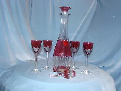 $575 • Buy Val St Lambert Cranberry Liqueur Set Decanter W/stopper & Four Cordials SEVILLE