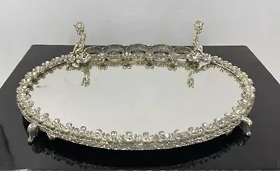 Vintage MCM Sam Fink Silver Tone Cherubs Floral Oval Footed Vanity Mirror Tray • $25